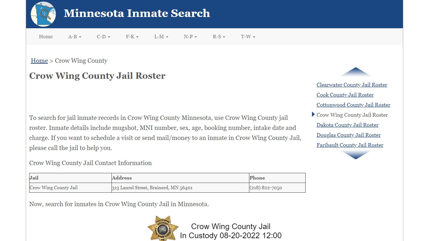 Crow Wing County Jail Roster - Minnesota Inmate Search